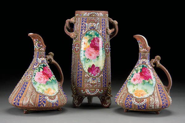 3 ROYAL NIPPON HAND PAINTED CERAMIC VASE AND EWER: 3 ROYAL NIPPON HAND PAINTED CERAMIC VASE AND EWERS early 20th century, with heavy enameled decoration. Unmarked. Height 9.5 to 12 inches. Estimate $200-$300