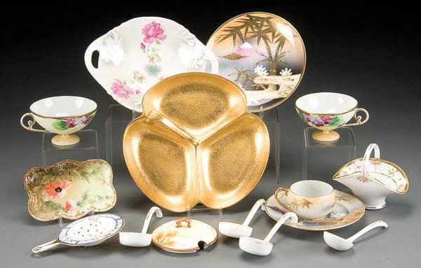 14-PIECE HAND PAINTED NIPPON ASSORTED TABLEWARE G: 14-PIECE HAND PAINTED NIPPON ASSORTED TABLEWARE GROUP together with a Pickard decorated tray. Estimate $50-$100