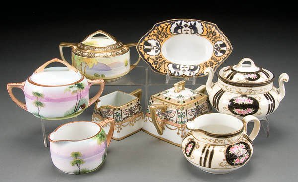 8 HAND PAINTED NIPPON TABLEWARE ITEMS early 20th: 8 HAND PAINTED NIPPON TABLEWARE ITEMS early 20th century, including 3 cream & sugar sets and a handled bowl. Assorted marks. Estimate $75-$150