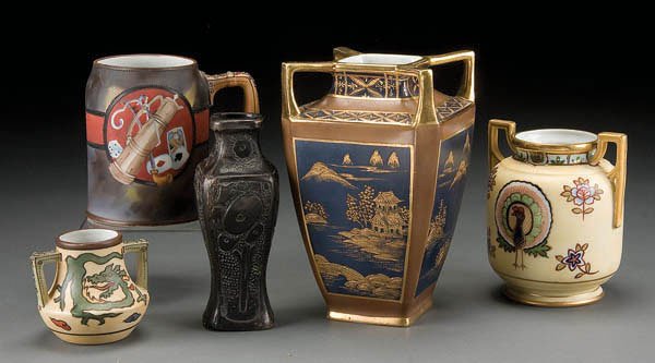 4 PIECE HAND PAINTED NIPPON PORCELAIN GROUP early: 4 PIECE HAND PAINTED NIPPON PORCELAIN GROUP early 20th century, including a gambling motif handled mug, gilt decorated 4-handled vase, 2-handled peacock vase and a stoneware vase. Assorted marks. Heig