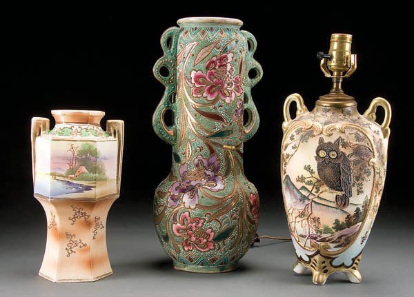 3 HAND PAINTED ROYAL NIPPON CERAMIC VASES early 2: 3 HAND PAINTED ROYAL NIPPON CERAMIC VASES early 20th century, including a moriage and tapestry owl lamp conversion. Height 10.5 to 16.5 inches. Estimate $200-$300