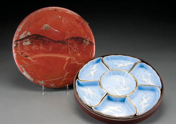 HAND PAINTED NIPPON FLYING GEESE CONDIMENT TRAY S: HAND PAINTED NIPPON FLYING GEESE CONDIMENT TRAY SET early 20th century, contained in a red lacquered box with cover. Diameter 12.5 inches. Estimate $75-$150