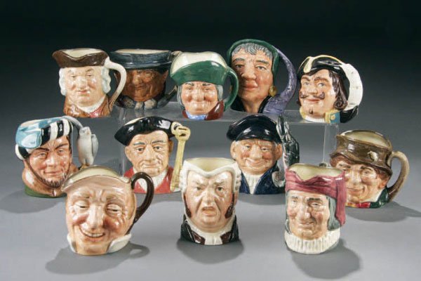 A ROYAL DOULTON CHARACTER JUG GROUP OF TWELVE mid: A ROYAL DOULTON CHARACTER JUG GROUP OF TWELVE mid 20th century comprising a Farmer John, The Falconer, Sam Johnson, Tony Weller, Gaoler, Buzfuz, Lobster Man, The Fortune Teller, Toby Philpotts, Capt H
