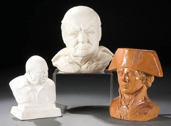 A SPODE AND DOULTON HISTORICAL FIGURE GROUP early: A SPODE AND DOULTON HISTORICAL FIGURE GROUP early to mid 20th century consisting of a Doulton Lambeth Napoleon toby jug, a Spode Winston Churchill bust (repaired), and a Pascoe Churchill bust. Height