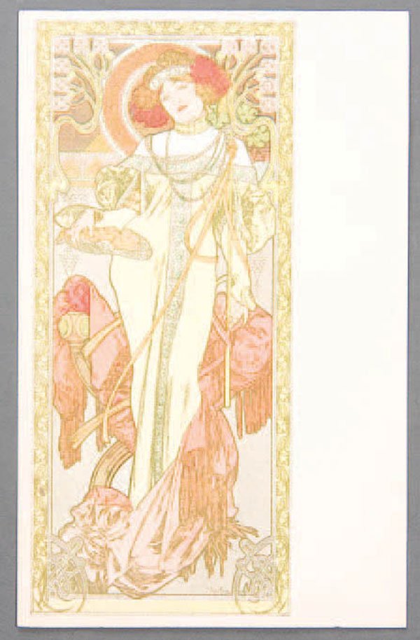 AN ALPHONSE MUCHA POSTCARD circa 1900, 'Autumn'.: AN ALPHONSE MUCHA POSTCARD circa 1900, 'Autumn'. First card in 7th series. Mint condition. Estimate $200-$400