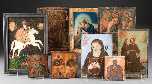 ICONS AND RETABLO, a group of 9 images, the oldes: ICONS AND RETABLO, a group of 9 images, the oldest circa 1800, representing various cultures. Including reverse painting on glass image of St. George Slaying the Dragon, second half of the 20th centur