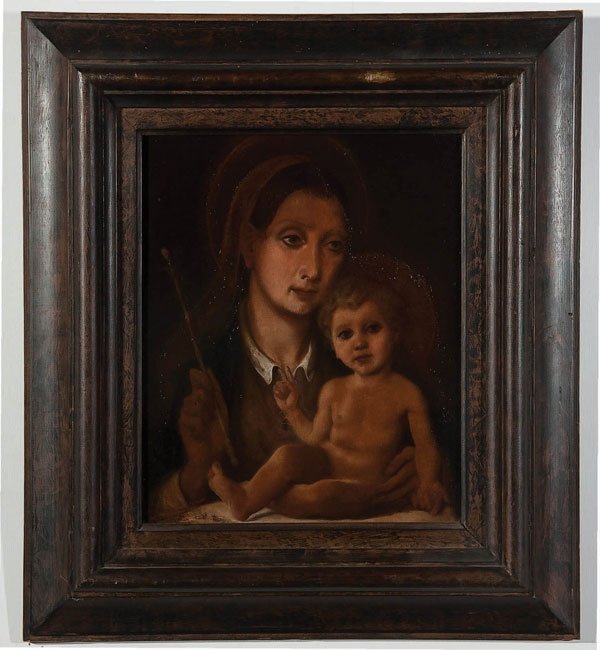 RELIGIOUS PAINTING: EMIEL WAGNER (German 20th century) Madonna and Child - 1937 Oil on panel Inscribed on verso Emiel Wagner and dated 1937 17 inches x 14.5 inches (43.5 x 37 cm) Estimate $300-$500