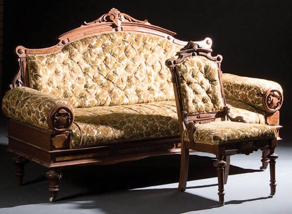 VICTORIAN WALNUT 7-PIECE SOFA & SIDE CHAIR SUITE: VICTORIAN WALNUT 7-PIECE SOFA & SIDE CHAIR SUITE late 19th century, with carved scrolled acanthus and shell back rest and raised burl panels. Settee 44 x 74 inches, chair 37 x 19 inches. Estimate $500