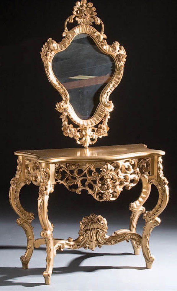 CONTEMPORARY ROCOCO CONSOLE TABLE: A CONTEMPORARY CARVED & GILT WOOD ROCOCO CONSOLE TABLE with accompanying mirror, last quarter 20th century. Height 34 inches, width 41.5 inches, depth 19.5 inches. Mirror height 45 inches. Estimate $2