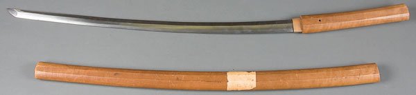 A JAPANESE SWORD Hand-forged blade, the tang sign: A JAPANESE SWORD Hand-forged blade, the tang signed on both sides (see illustration). Blade length 27 inches (Daito) and with wavy temper line, Chu-kissaki. Contained in a shirasaya with faintly inscr