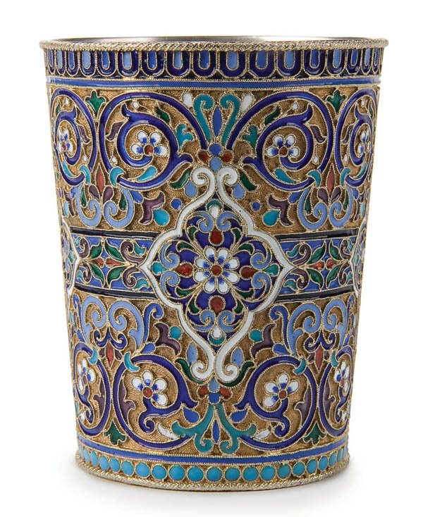 RUSSIAN SILVER-GILT AND CLOISONNE ENAMELED BEAKER: RUSSIAN SILVER-GILT AND CLOISONNE ENAMELED BEAKER Moscow 1887, the sides extensively enameled with strapwork, scrolling foliage and florals on a stippled gilt ground, the interior gilded. Hallmarked M