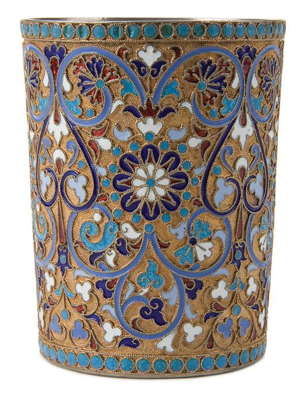 RUSSIAN SILVER-GILT AND CLOISONNE ENAMELED BEAKER: RUSSIAN SILVER-GILT AND CLOISONNE ENAMELED BEAKER Gustav Klingert. The sides heavily enameled with scrolling foliage, florals and strapwork on a stippled gilt ground. The rim and base beaded. Hallmark
