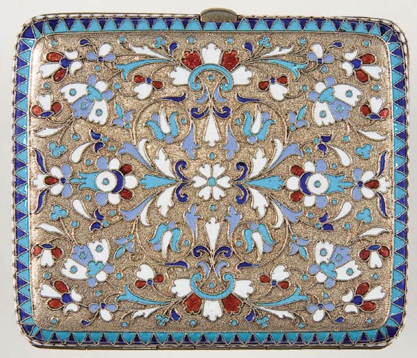 RUSSIAN SILVER-GILT AND CLOISONNE ENAMEL CIGARETT: RUSSIAN SILVER-GILT AND CLOISONNE ENAMEL CIGARETTE CASE, Moscow 1899-1908. The body overall enameled with scrolling foliage, florals and geometric designs on a stippled ground and with white beaded bo