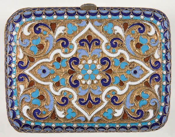 RUSSIAN SILVER-GILT AND CLOISONNE ENAMELED CASE b: RUSSIAN SILVER-GILT AND CLOISONNE ENAMELED CASE both sides overall enameled with scrolling foliage on a stippled gilt ground, and with beaded enamel borders. Hallmarked Moscow circa 1880, Cyrillic mak