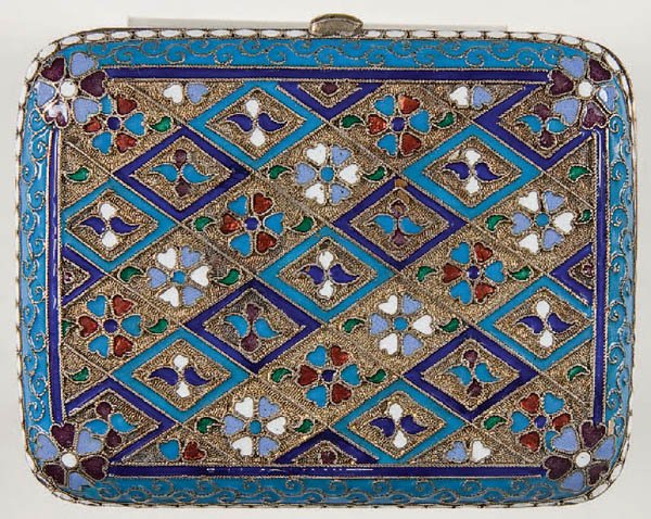 A RUSSIAN SILVER-GILT AND CLOISONNE ENAMEL CASE.: A RUSSIAN SILVER-GILT AND CLOISONNE ENAMEL CASE. Moscow 1899-1908. The body overall enameled with diamond pattern and flower buds on a stippled ground, the border with white enamel beading. Hallmarked