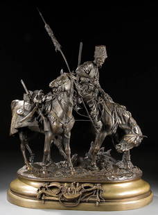 RUSSIAN BRONZE, EVGENY LANSERE: EVGENY ALEKSANDROVICH LANSERE (Russian 1848-1886) Zaporozhets after the Battle Bronze with brown patina and integral base Inscribed on base, and with stamp of Adolphe Moran Foundry Height 24.75 inches