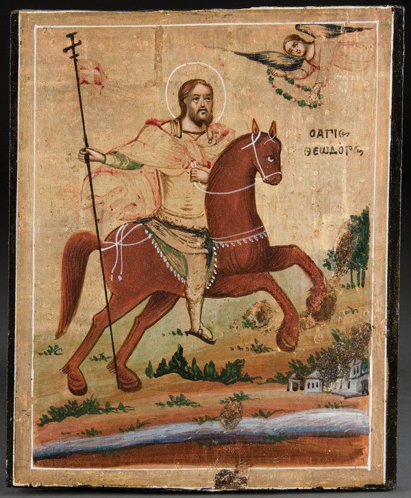 A SOUTHERN RUSSIAN OR NORTHERN GREEK ICON: St. Th: A SOUTHERN RUSSIAN OR NORTHERN GREEK ICON: St. Theodore, 19th century. 10.25 inches x 8.25 inches (26 x 21 cm). Estimate $300-$500 Euro 200-300