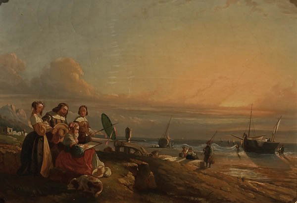 PAINTING, DUTCH SCHOOL: DUTCH SCHOOL (19th century) Sketching Along the Shore at Dusk--circa 1860 Oil on canvas Apparently unsigned 12 inches x 18 inches (30.5 x 46 cm) Estimate $600-$900 Euro 400-600