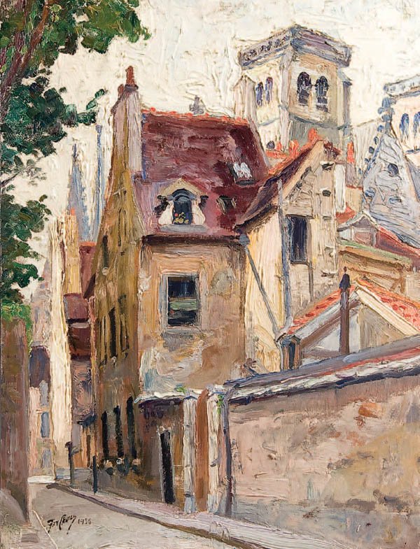 PAINTING, FERDINAND CHAUMEAU: FERDINAND CHAUMEAU (French 1885-1950) Les Trois Clochers--The Three Bell Towers--1936 Oil on wood panel Signed and dated lower left and inscribed on verso with title and signed again 13.75 inches x 10