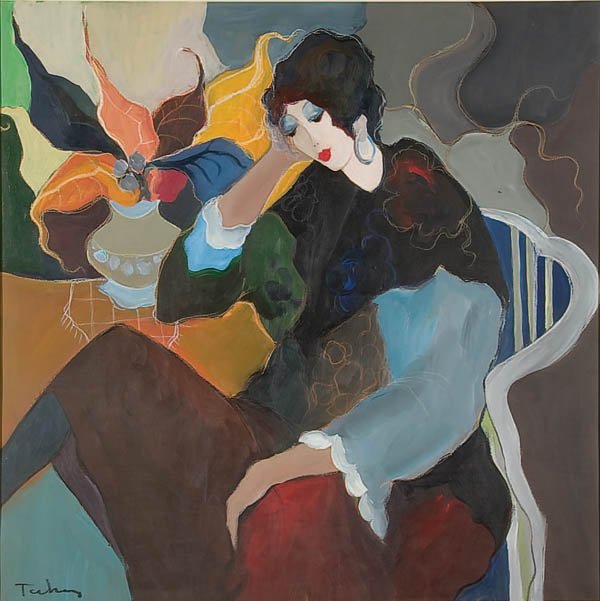 PAINTING, ITZCHAK TARKAY: ITZCHAK TARKAY (Israeli b. 1935) Recollection (Woman with Orange Leaves)--circa 1994 Acrylic on canvas Signed lower left 39.25 inches x 39.25 inches (99.7 x 99.7 cm) Estimate $1,000-$1,500 Euro 700-1,