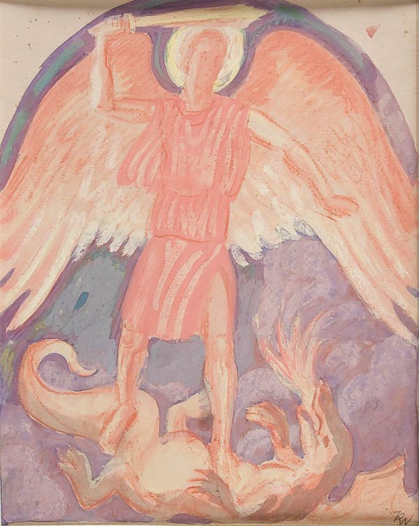 RELIGIOUS PAINTING, KURT WEISS: KURT WEISS (German 1895-1966) Archangel Michael Defeating Satan--1925 Watercolor and gouache Initialed lower right and signed and dated on verso 14 inches x 10.5 inches (35 x 27 cm), together with nin