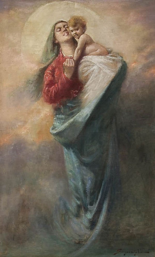 RELIGIOUS PAINTING, CONTINENTAL SCHOOL: CONTINENTAL SCHOOL (19th century) Madonna and Child Oil on sailcloth laid down Signed indistinguishably lower right and with integral painted decorative border 48 inches x 31.5 inches Estimate $500-$7