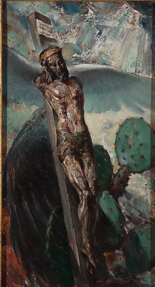 PAINTING, ARTHUR MELTZER: ARTHUR MELTZER (American 1893-1989) Antique Crucifix Oil on masonite Signed lower right 'Arthur Meltzer' and titled on verso 27 inches x 12 inches Estimate $300-$500 Euro 200-300