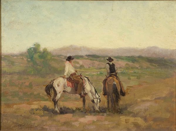 PAINTING, RAPHAEL LILLYWHITE: RAPHAEL LILLYWHITE (American 1891-1958) Which Way? Oil on board Signed lower left and verso with original artist label inscribed 'Which Way - North Park Colorado by Raphael Lillywhite' 18 inches x 24