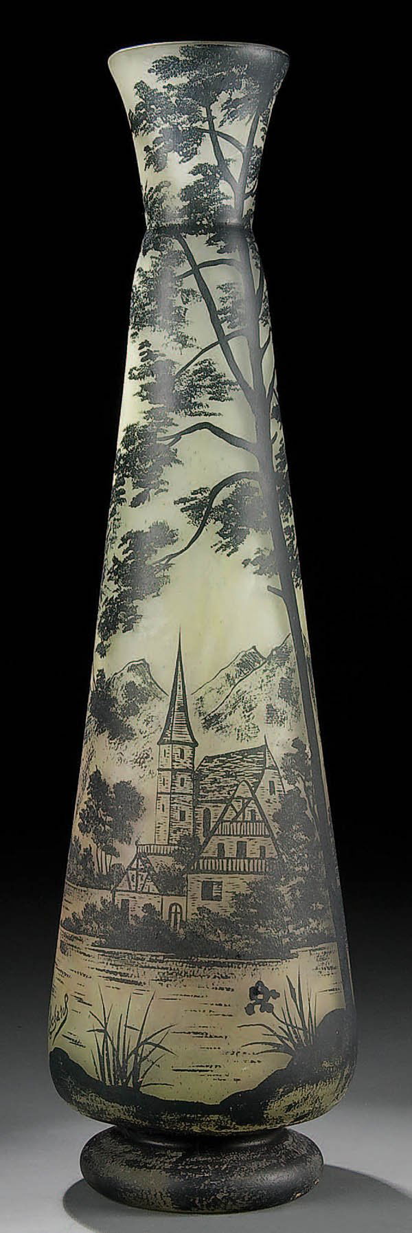 A FINE MONUMENTAL RICHARD CAMEO GLASS VASE, circa: A FINE MONUMENTAL RICHARD CAMEO GLASS VASE, circa 1920, footed tapered form in citron glass decorated with a blue Austrian chalet set on a mountainous lake shore, signed in cameo Richard. Height 20 in