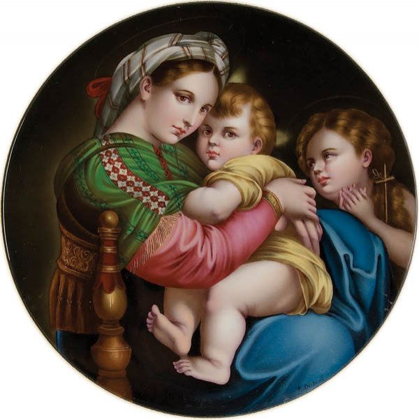 A LARGE HAND PAINTED KPM QUALITY PORCELAIN PLAQUE: A LARGE HAND PAINTED KPM QUALITY PORCELAIN PLAQUE, ARTIST SIGNED of The Madonna della Sedia, circa 1890. Beautifully executed in luminous colors and artist signed lower right "E. Dietrich". Diameter 1
