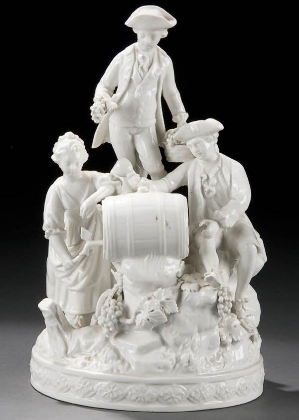 A KPM "BLANC DE CHINE" PORCELAIN FIGURAL GROUP c: A KPM "BLANC DE CHINE" PORCELAIN FIGURAL GROUP circa 1900, blue underglaze scepter mark. Height 8.5 inches. Estimate $100-$200 Euro 70-100