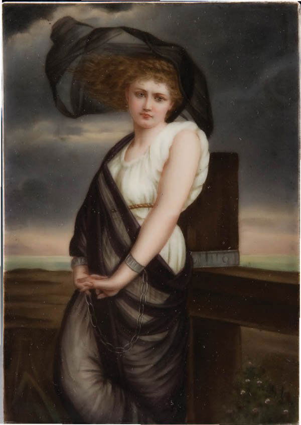 A FINE KPM STYLE PORCELAIN PLAQUE depicting a sla: A FINE KPM STYLE PORCELAIN PLAQUE depicting a slave girl "L'Esclave" circa 1900 after the painting by Zoe-Laure Chatillon. The hand painted and transfer scene finely rendered, verso inscribed with tit