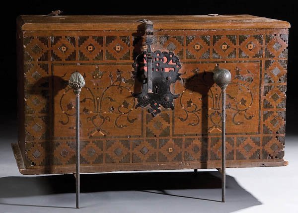 DECORATED CHEST, AN INTERESTING 17TH/18TH CENTURY: DECORATED CHEST, AN INTERESTING 17TH/18TH CENTURY SPANISH COLONIAL INTARSIA DECORATED CHEST with lemon wood inlaid geometric decisions. Replaced top, hardware and iron cradle. Height 25 inches, width 