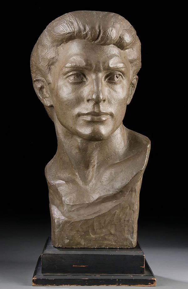 PATINATED DENTAL STONE, RICHMOND BARTHE: RICHMOND BARTHE (American 1901-1989) Head of David-1966 Patinated dental stone with original painted wood base Incised 'BARTHE' Height 17.3 inches (excluding base) Estimate $1,500-$2,000 Euro 1,000-1,