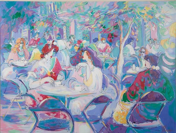 PAINTING, ISAAC MAIMON: ISAAC MAIMON (Israeli/French) Sidewalk Cafe Acrylic on canvas Signed lower right 59.25 inches x 78.5 inches (150 x 200 cm) Estimate $1,000-$1,500 Euro 700-1,000 Provenance: Minotaur Galleries, Las Veg