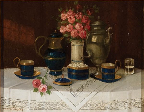 PAINTING, HERMANN KLINSBOGL: HERMANN KLINGSBOGL (German 1874-1943) Tea Time--A Still Life Oil on artist board Signed lower left 10.5 inches x 13.5 inches (26.7 x 34.3 cm) Estimate $500-$700 Euro 300-500