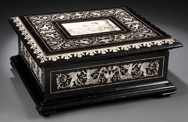 AN AUSTRIAN EBONIZED & IVORY INLAID CASKET 19th c