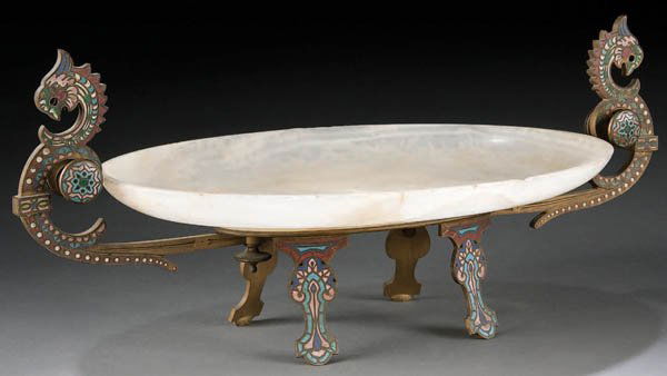 A FRENCH CARVED ALABASTER TRAY circa 1900 with br: A FRENCH CARVED ALABASTER TRAY circa 1900 with bronze and champleve enamel figural mounts. Height 6.75 inches (17 cm), length 16 inches (40.5 cm). Estimate $250-$500 Euro 200-300