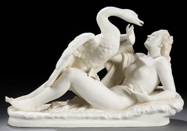 A SCHIBE-ALSBACH "LEDA AND THE SWAN" PARIAN FIGUR: A SCHIBE-ALSBACH "LEDA AND THE SWAN" PARIAN FIGURE early 20th century, of finely modeled form. Blue "S" and crossed lines mark. Length 14 inches. Estimate $400-$600 Euro 300-400