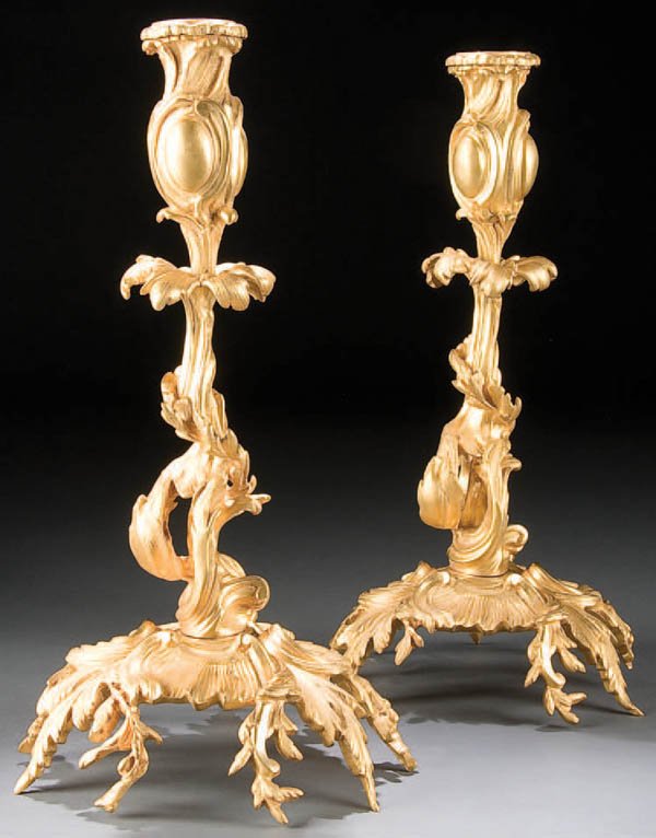 FRENCH LOUIS XV STYLE GILT BRONZE CANDLE STICKS, 