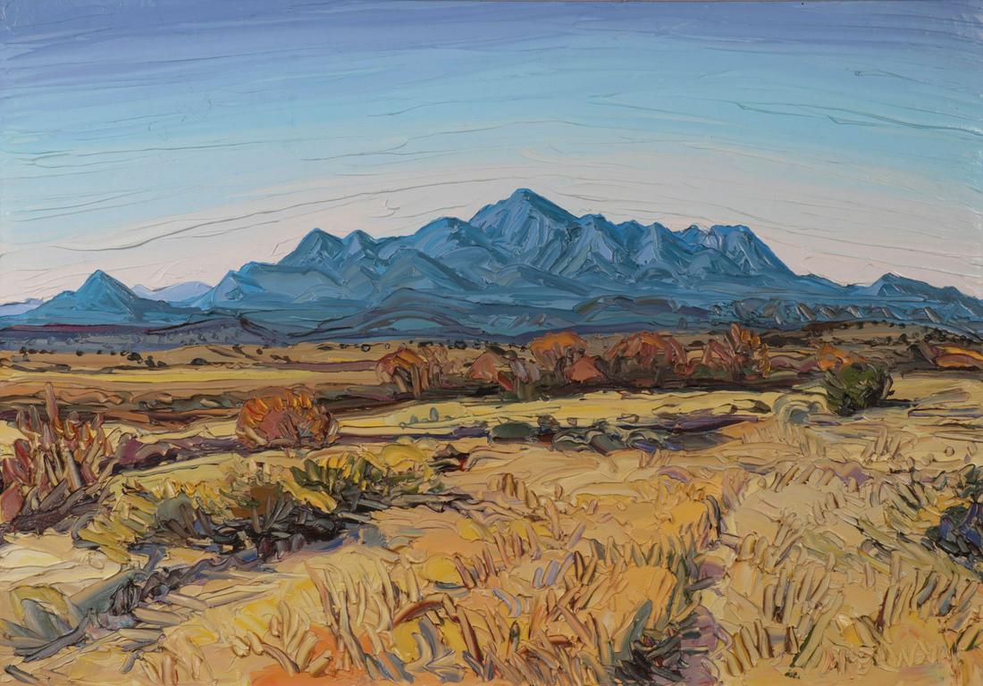 SIGNED NEW MEXICO LANDSCAPE, MCELWAIN: LOUISA MCELWAIN (American 1953-2013) The Ortiz, Early November Oil on canvas Signed lower right, titled on verso on stretcher 28 inches x 40 inches SHIPPING NOTICE: Jacks
