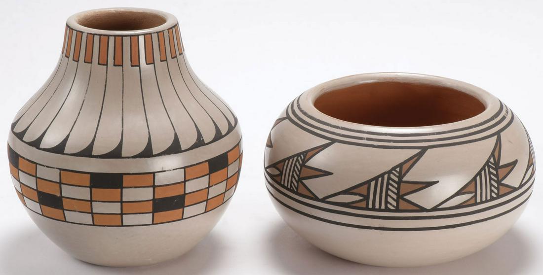 TWO BLUE CORN SAN ILDEFONSO JARS: TWO BLUE CORN SAN ILDEFONSO JARS. Comprising two polychrome jars by noted San Ildefonso artisan Crucita Gonzales Calabaza (1921-1999), aka Blue Corn. One with tapering shoulders decorated with feather