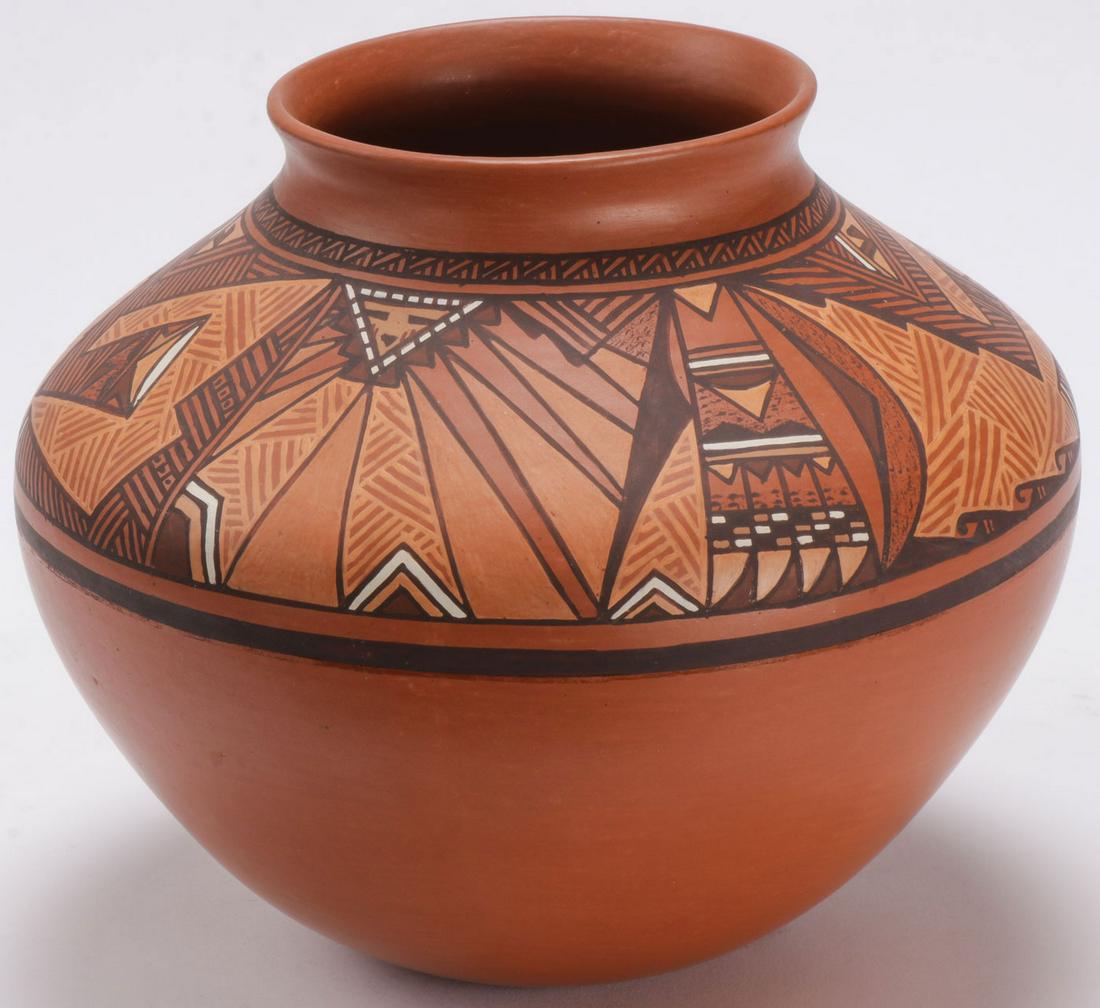 HOPI POLYCHROMED REDWARE JAR: HOPI POLYCHROMED REDWARE JAR. Comprising a finely decorated redware jar by noted Hopi-Navajo artist Nathan Begaye (1958-2010), signed on underside of base with name and cypher and dated 1-27-92. Heigh