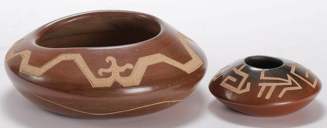 TWO SANTA CLARA SGRAFFITO & SIENNA JARS: TWO SANTA CLARA SGRAFFITO & SIENNA JARS. Including a squashed ovoid form with sgraffito banded shoulder, underside signed Polly Rose, height 2.5 inches, diameter 6.5 inches, and a similar smaller exam