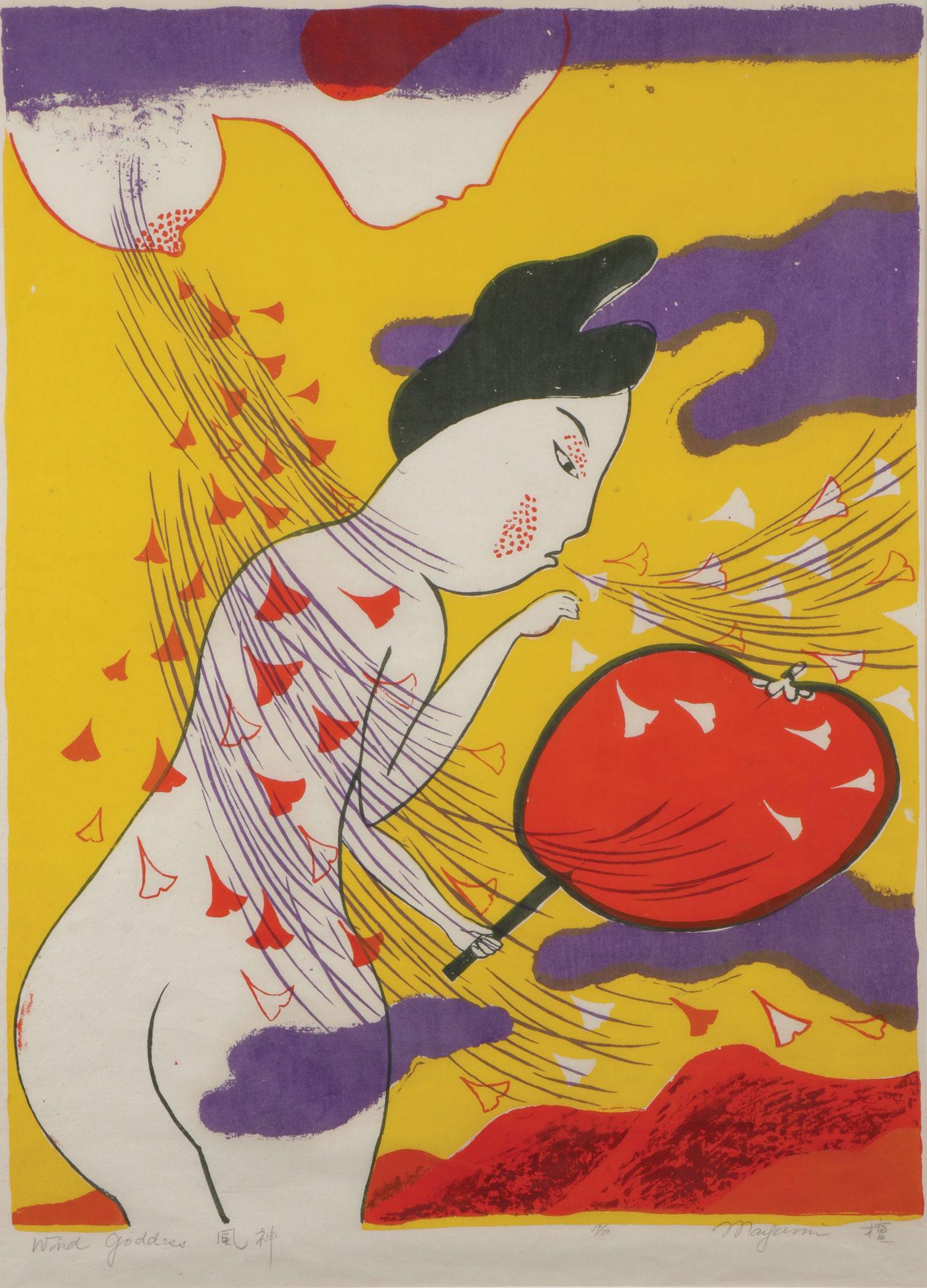 MAYUMI ODI SIGNED SERIGRAPH: MAYUMI ODA (Japanese b. 1941-) Wind Goddess - 1970 Serigraph Signed in pencil lower right, editioned 19/50 lower center, and titled lower left Image size 28.25 inches x 21.4 inches (72 x 54.5 cm)