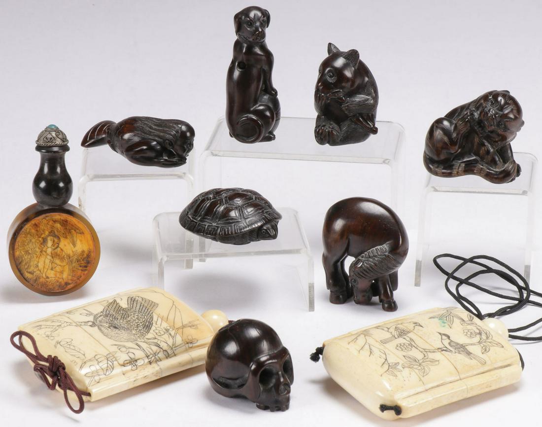CARVED NETSUKES & INRO: CARVED NETSUKES & INRO. Comprising six finely carved wood netsukes depicting various figures including a panda, tigers, mermaid, dog, turtle, and horse, some with inlaid eyes and most with inlaid sign