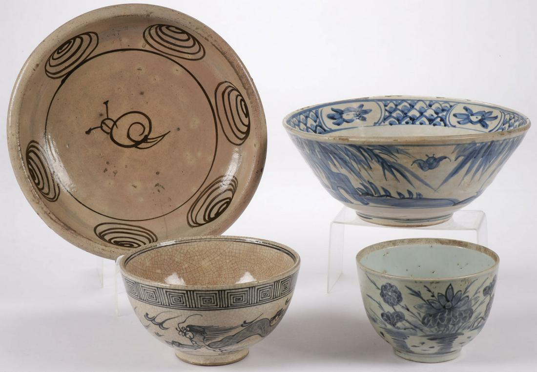MIXED ASIAN CERAMICS GROUP 18TH-19TH C: MIXED ASIAN CERAMICS GROUP 18TH-19TH C. Comprising four glazed bowls or jars, probably Korean. Greatest diameter 14 inches (36 cm). SHIPPING NOTICE: Jackson's is your sole and only source for one stop