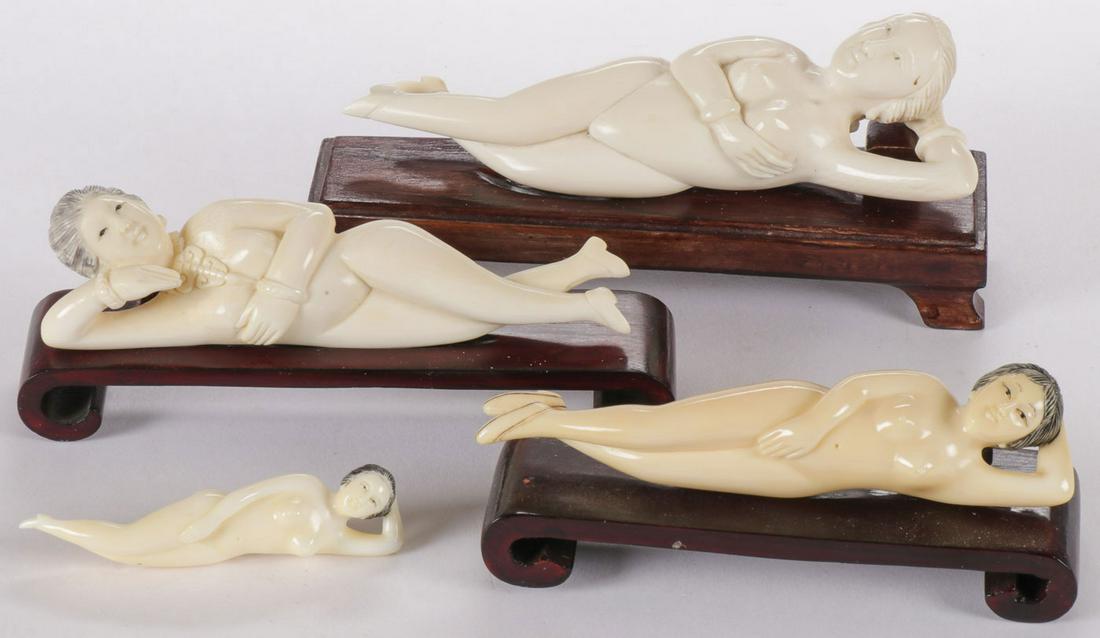 FOUR CHINESE CARVED DOCTOR MODELS: FOUR CHINESE CARVED DOCTOR MODELS. Comprising four individually carved figures of reclining nude women, with slight variations and three with conforming stands. First half of the 20th century. Greates
