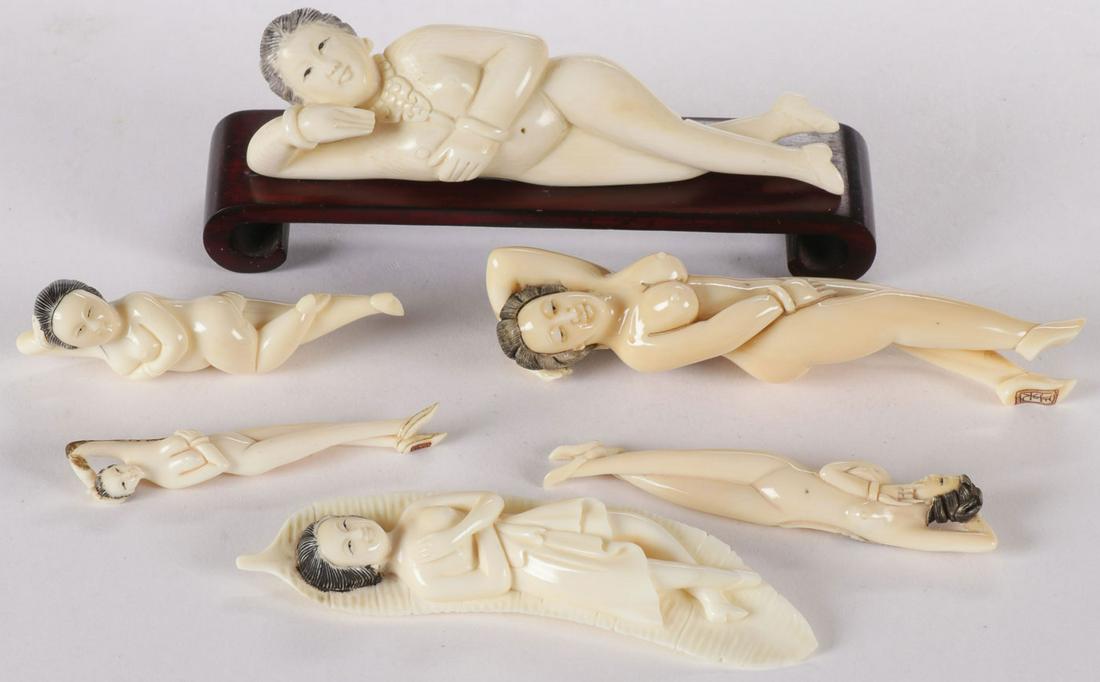 SIX CHINESE CARVED DOCTOR MODELS, 19TH C: SIX CHINESE DOCTOR MODELS, 19TH C. Each depicting a reclining nude female form, three signed on underside of foot, one carved resting on leaf form mat, and one on conforming wood stand. Greatest lengt