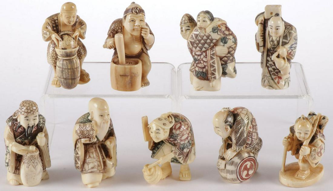 NINE CARVED NETSUKES C 1900-1960: NINE CARVED NETSUKES C. 1900-1960. Comprising various figures including immortals, most decorated with tinting. All but one signed. Greatest measurement 2 inches (5 cm). NO INTERNATIONAL SHIPPING AND 